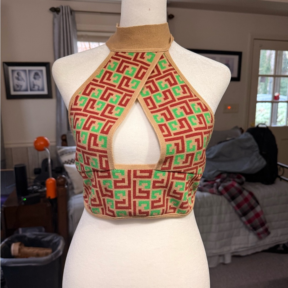 Stoned Immaculate halter top. Geometric Pattern Halter Top - Green and Tan